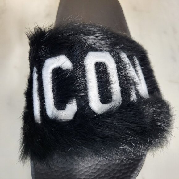 NWB~$825~DSQUARED2~8/8.5~ICON BLACK WHITE GENUINE RABBIT FUR SANDALS SLIDES - Picture 5 of 16
